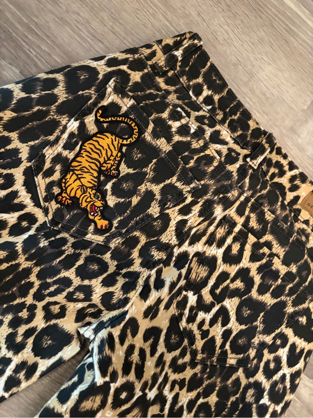 Women's Leopard Print Wide Leg Jeans with Tiger Patch - Black & Tan